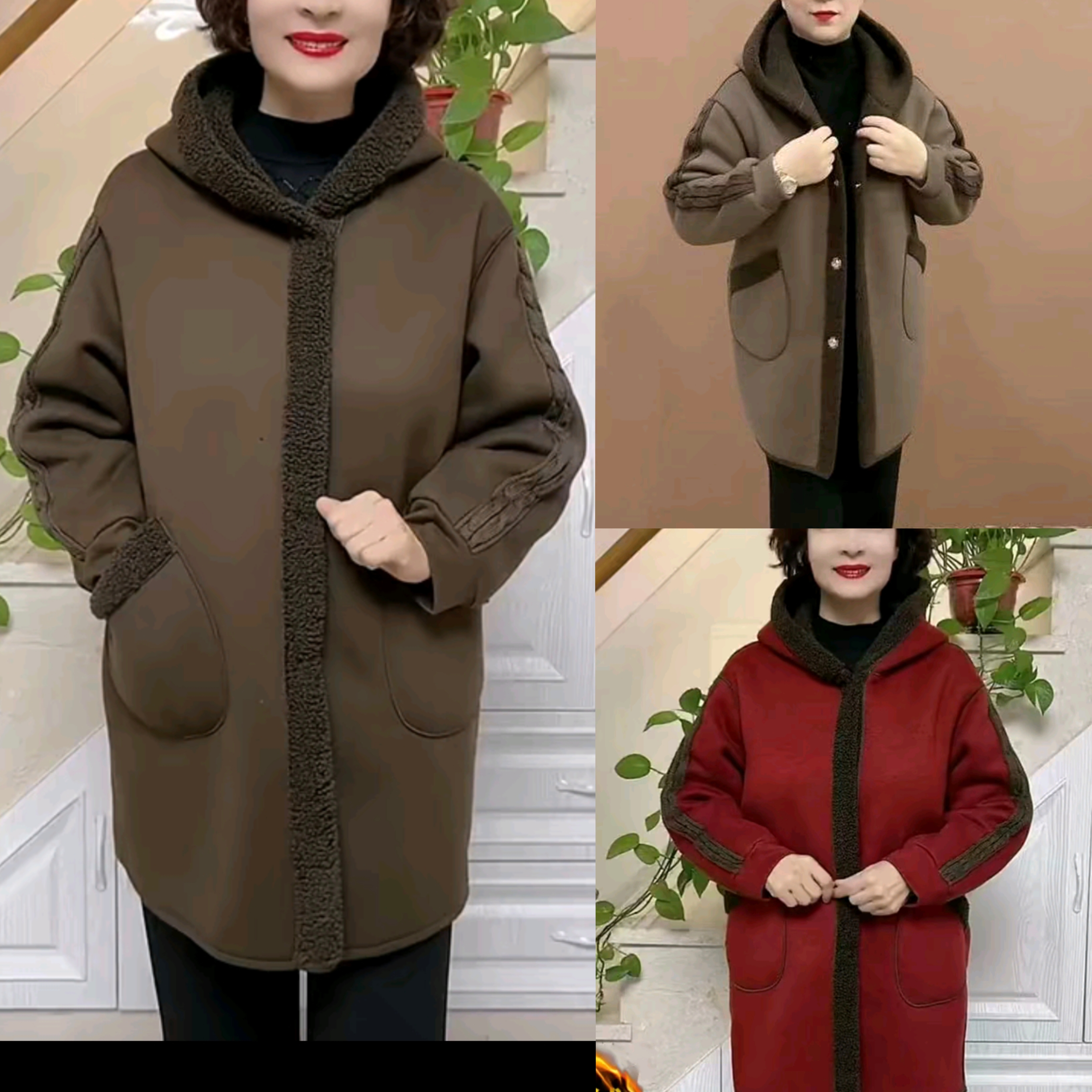 《正版》中老年妈妈秋冬连帽泰迪绒中长款加绒棉服外套衣长80左右