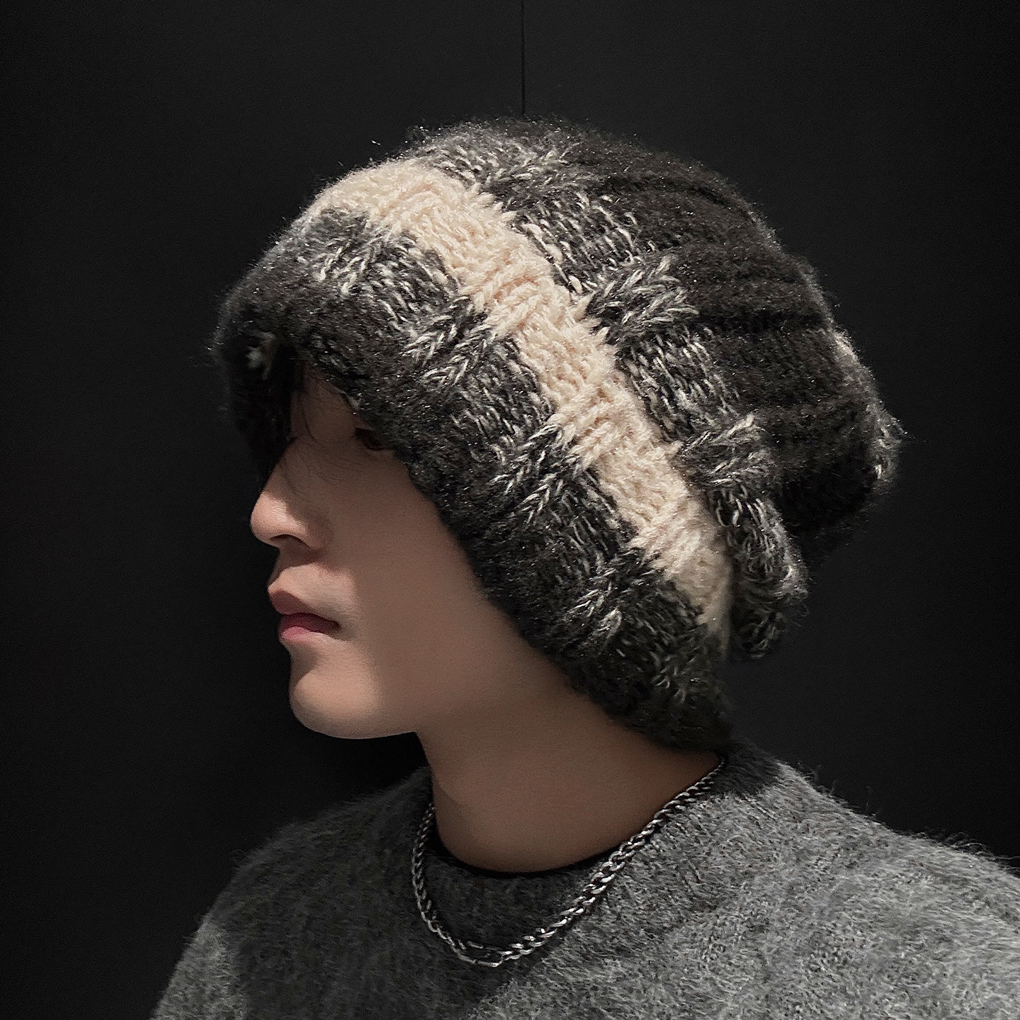 CHUNCC加绒加厚毛线帽大头围针织帽男秋冬季冷帽男款拼色堆堆帽子