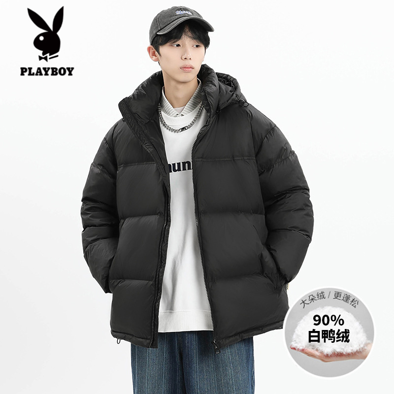 花花公子冬季新款男士韩版撞色连帽加厚保暖90白鸭绒羽绒服潮情侣