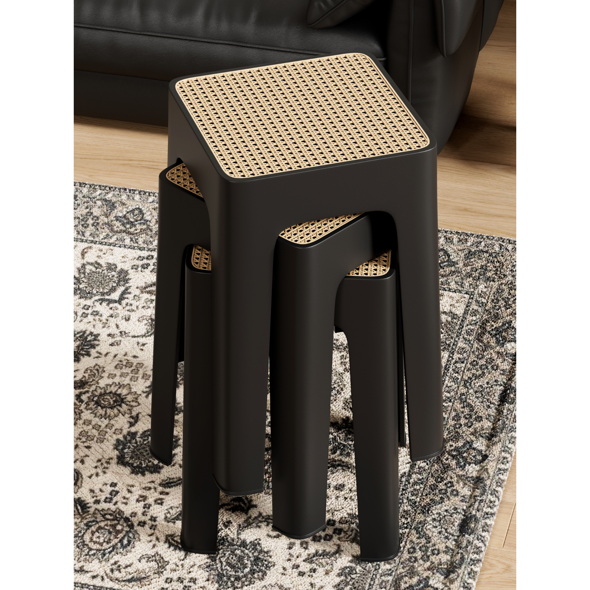 【加厚】塑料凳子家用加厚可叠放中古仿藤编方凳现代客厅餐桌小椅子