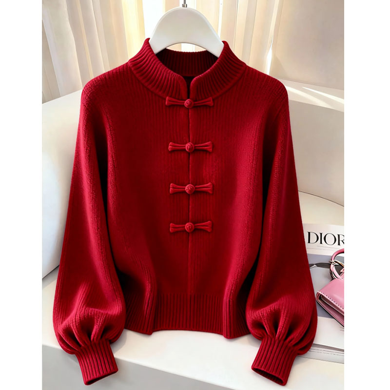 新中式红色立领盘扣粗线毛衣2025秋季独特超好看短款灯笼袖针织衫