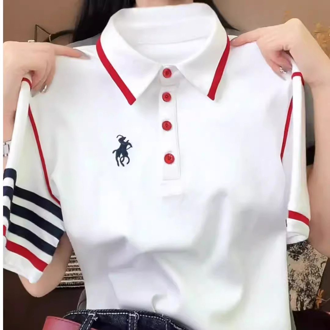 夏季新款时尚设计感半袖T恤女时尚百搭条纹拼接Polo领短袖上衣