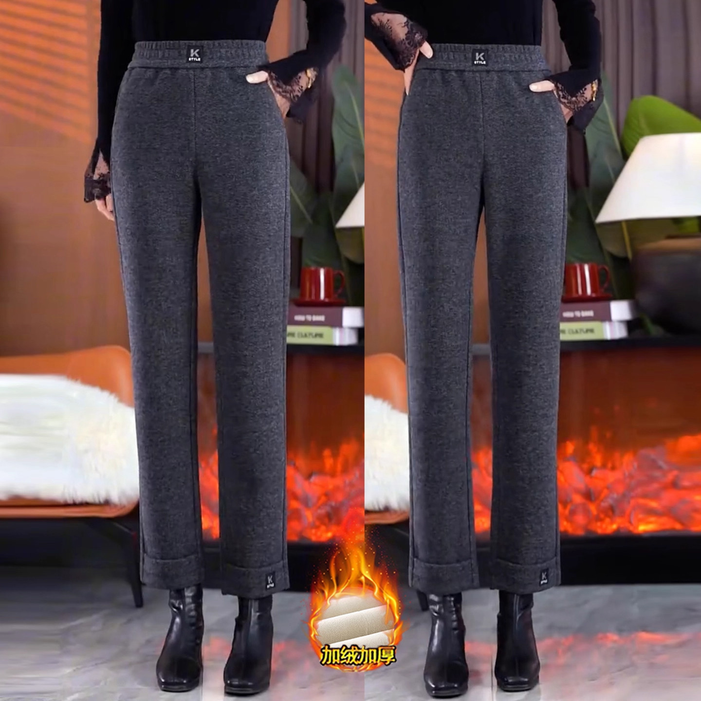 加绒加厚羊毛呢窄版阔腿裤女冬季新款宽松高腰显瘦九分裤直筒裤子