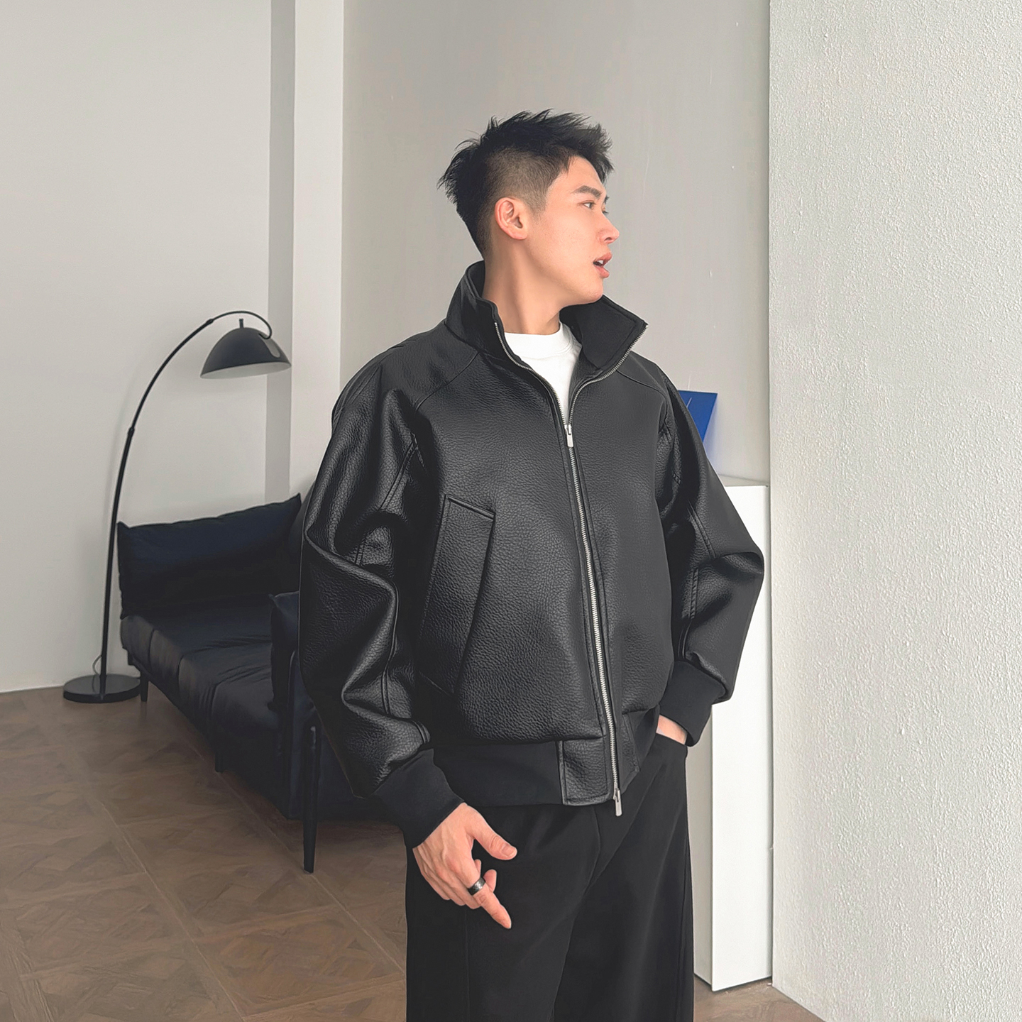 渣渣鹿秋冬重磅复古立领机车皮衣男PU短款夹克痞帅飞行员痞帅外套