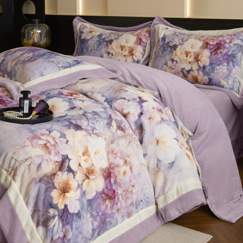 冬季加厚牛奶绒四件套美式花卉数码印花被套保暖床单床笠高档床品