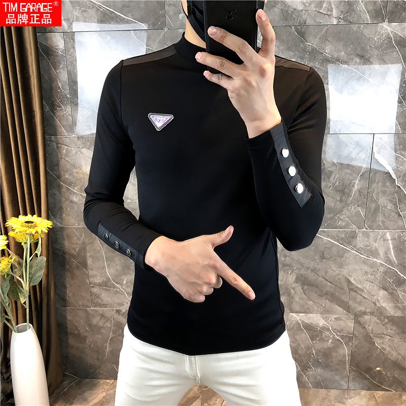 时尚打底衫男款半高领T恤新款打底衫秋冬男士上衣弹力保暖长袖t恤