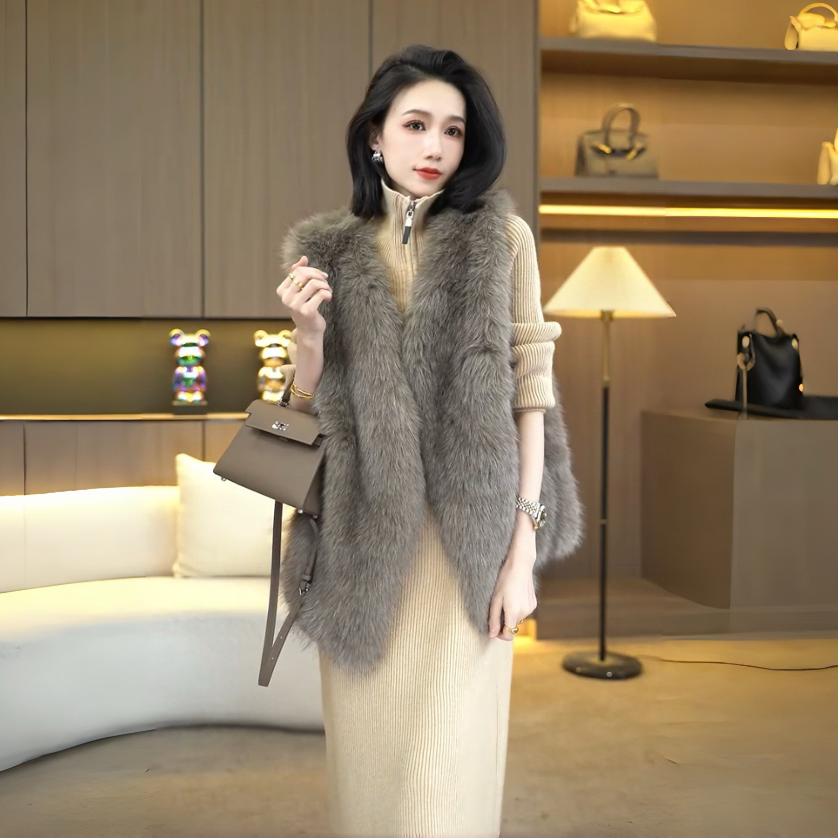 欧颍昇时尚马甲女款2025新款背心外搭秋冬仿草草毛毛坎肩马夹7387