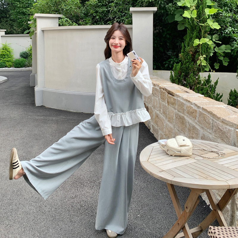 简约法式木耳边拼接上衣阔腿裤2025春秋新款甜美气质温柔风套装裤