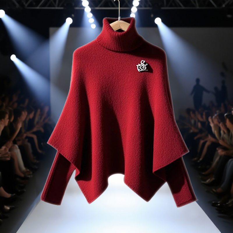 秋冬爆款针织衫女装慵懒高级感穿搭洋气设计感红色假两件斗篷毛衣