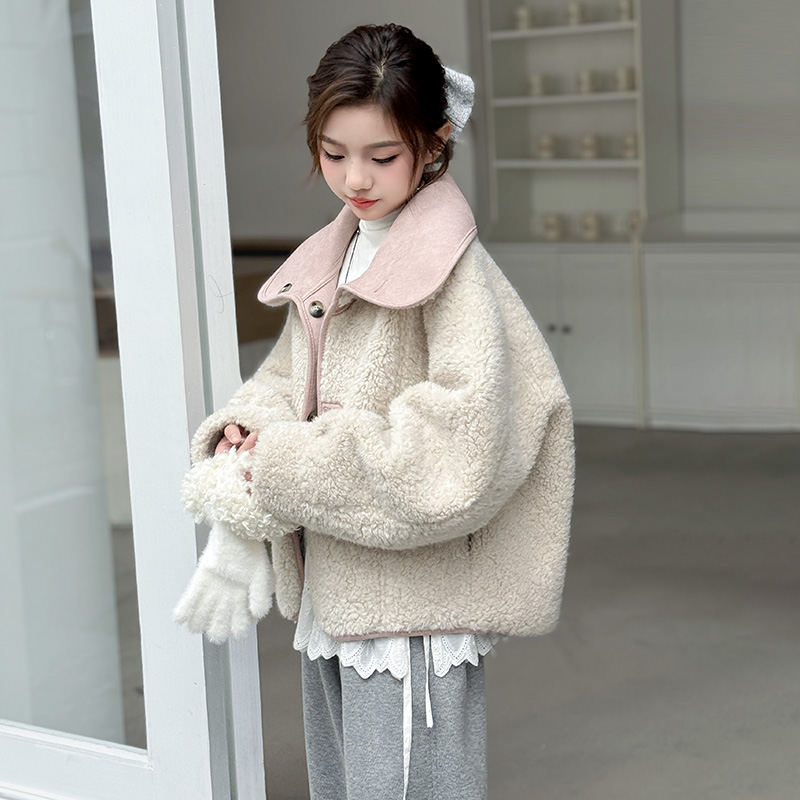 女童秋冬加厚两面穿外套2025新款女大童冬季加绒保暖皮毛一体上衣