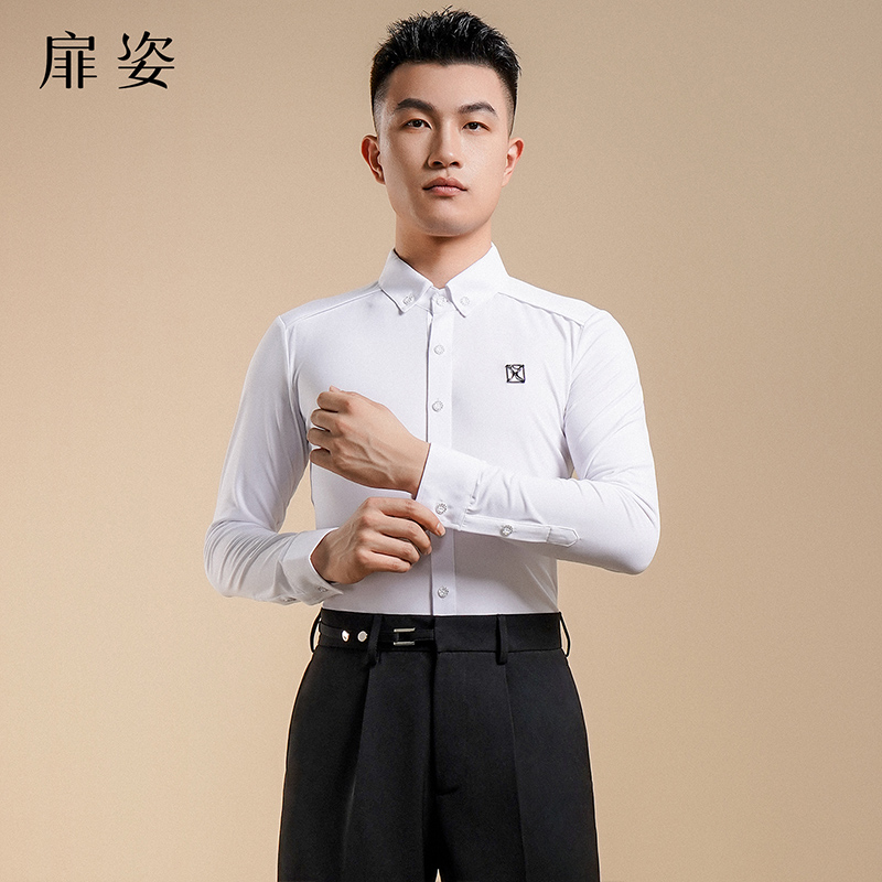 扉姿 男士摩登舞服秋冬长袖新款上衣专业国标舞比赛服衬衫F5021