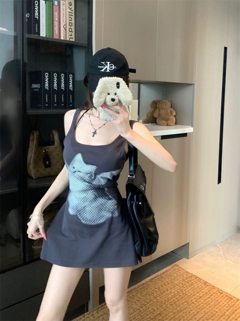 【猫咪印花裙】老钱风女夏季纯欲辣妹吊带绑带收腰A字两穿背心上衣