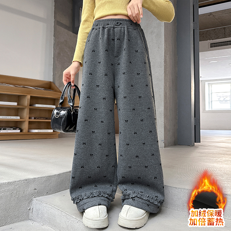 女童加绒裤子秋冬2025新款儿童宽松直筒一体绒大童冬季加厚阔腿裤