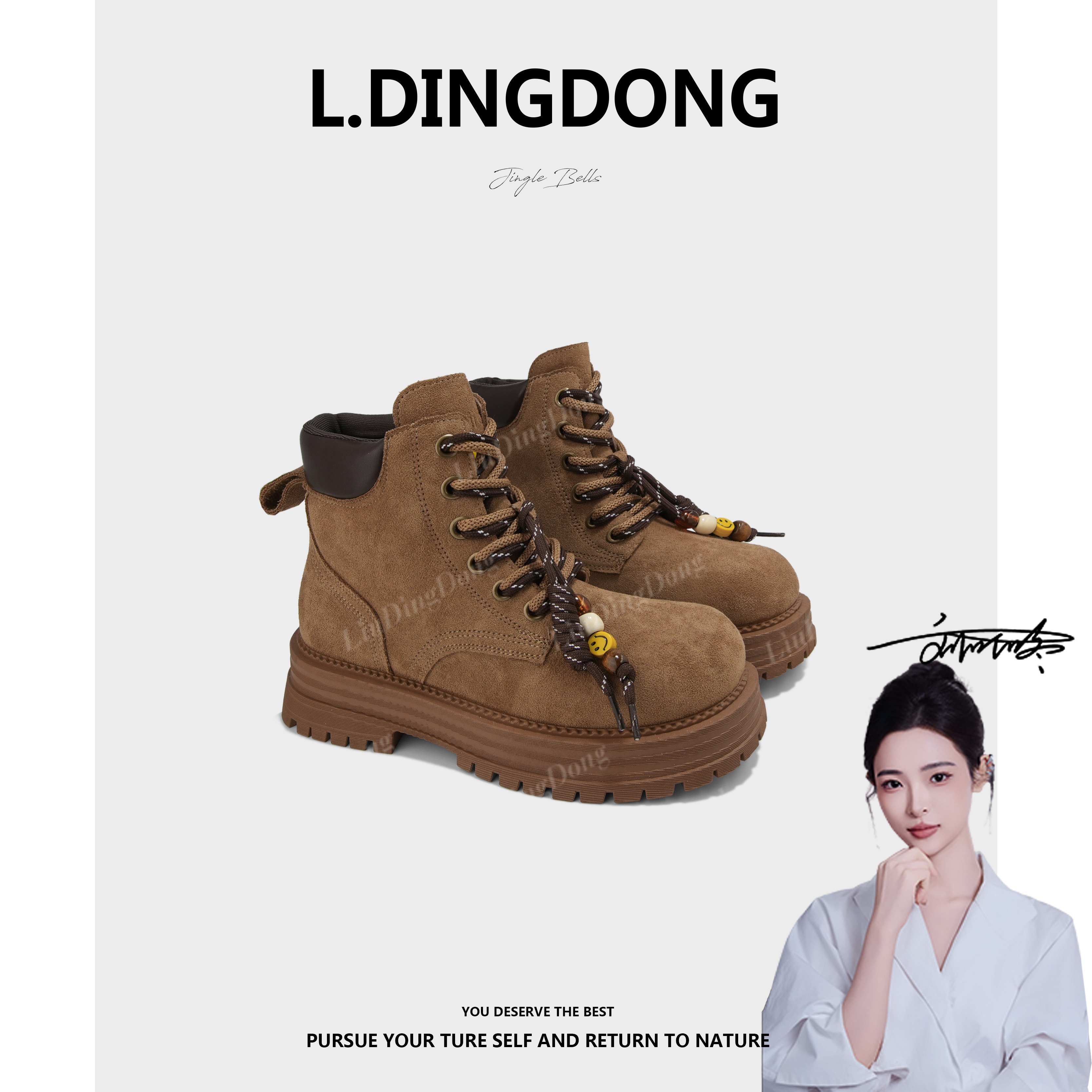 超火粗跟厚底牛反绒复古百搭大黄靴女2025秋季新款马丁靴工装靴子