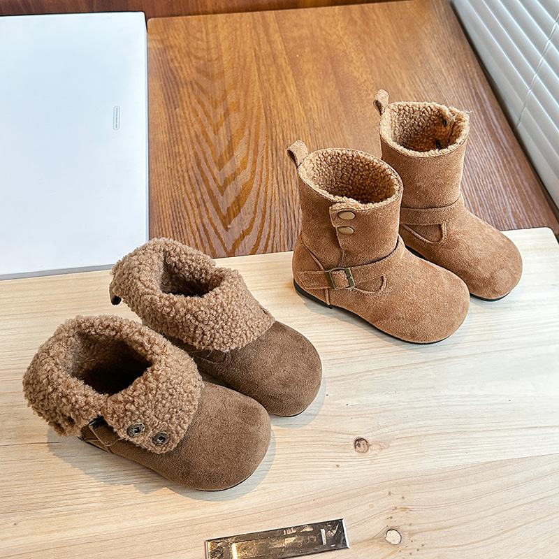 女童宝宝2025冬季绒面皮革套筒韩版加厚加棉防滑棉靴雪地靴堆堆靴