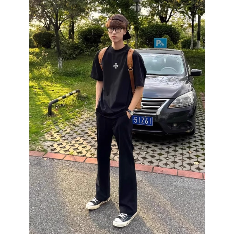 黑色cleanfit微喇牛仔裤男款秋季美式vibe提档裤子高街窄版直筒裤