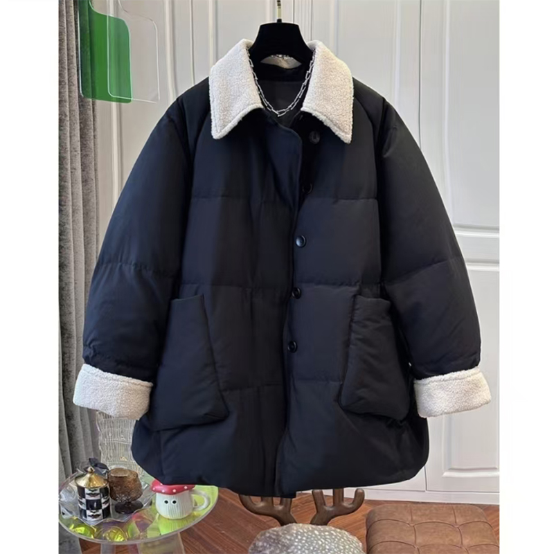 韩版撞色翻领休闲百搭棉服外套秋冬新款大码胖MM加厚保暖棉衣棉袄