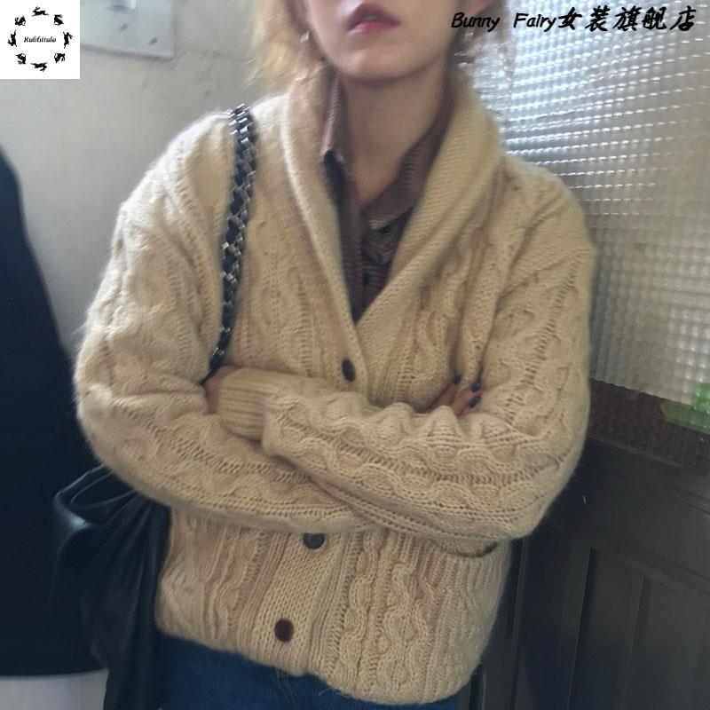 麻花加厚宽松外穿上衣复古日系慵懒港风针织开衫毛衣外套女秋冬季