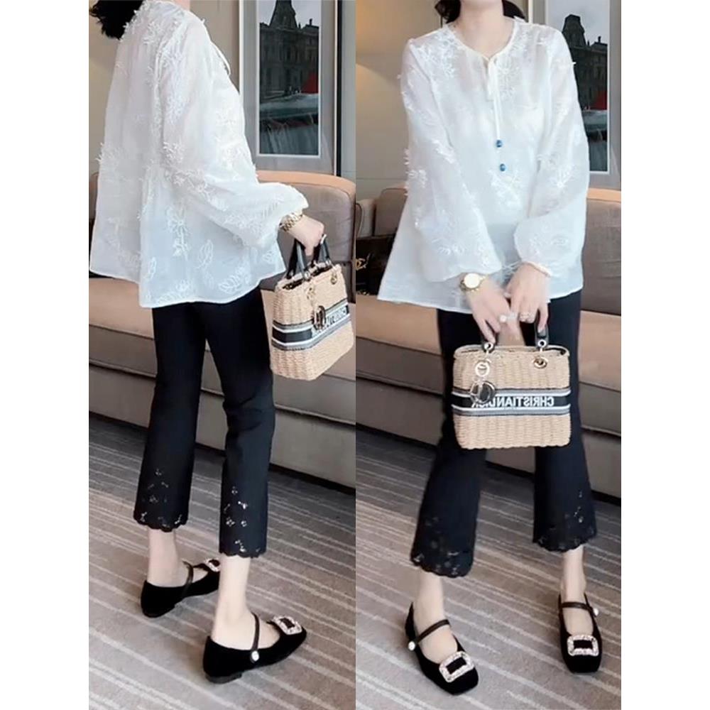 2025夏季新款女士黑色休闲裤大码高腰显瘦修身小个子九分喇叭裤子