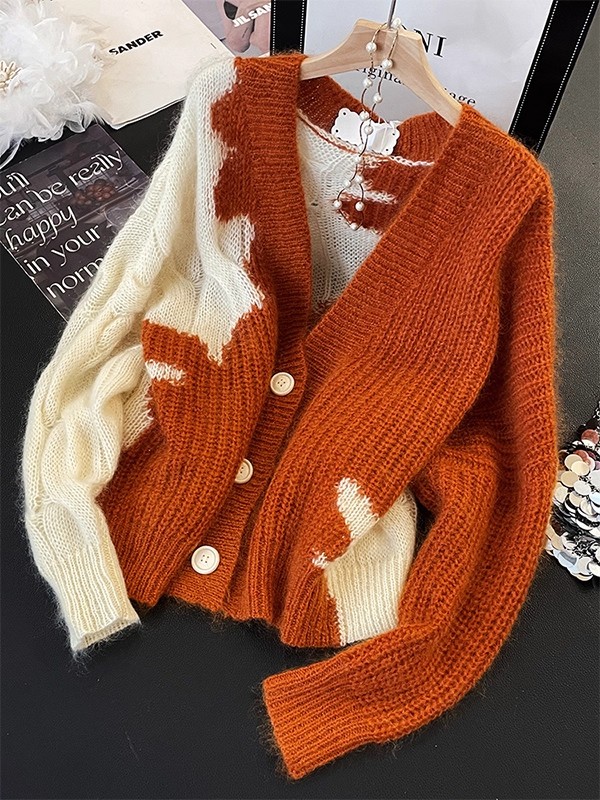 韩系慵懒风V领撞色针织开衫女2025年秋季新款宽松设计感毛衣外套