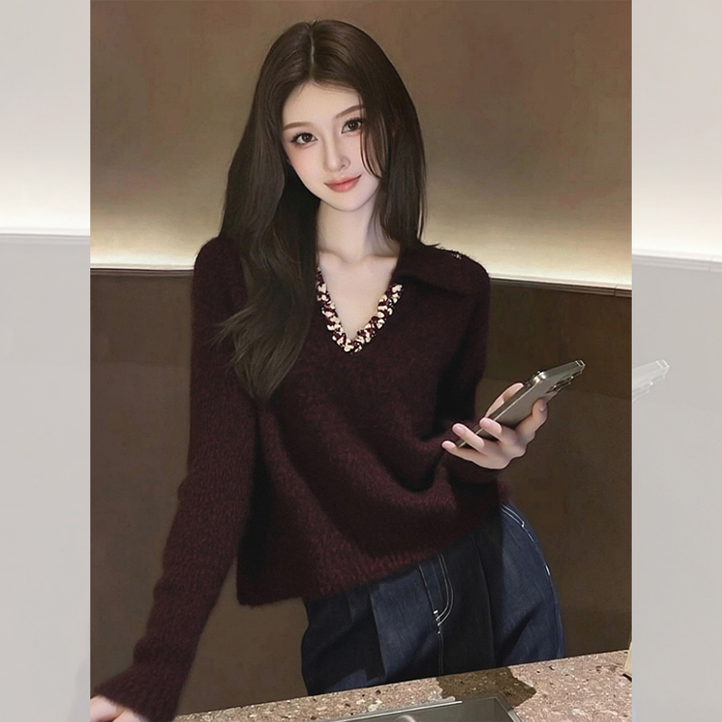 独特漂亮酒红色小衫新款外出毛衣polo领针织衫洋气高贵上衣女秋冬