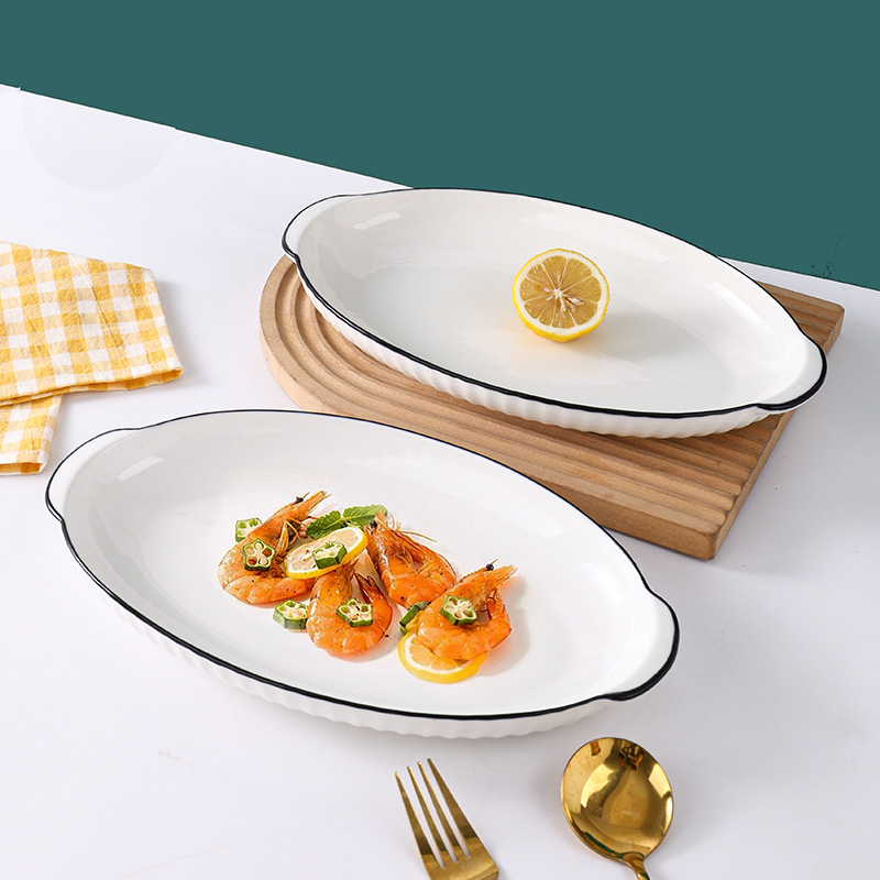 【孟垣】中式陶瓷釉下彩大号12英寸纯色竖纹双耳鱼盘餐盘盘碟