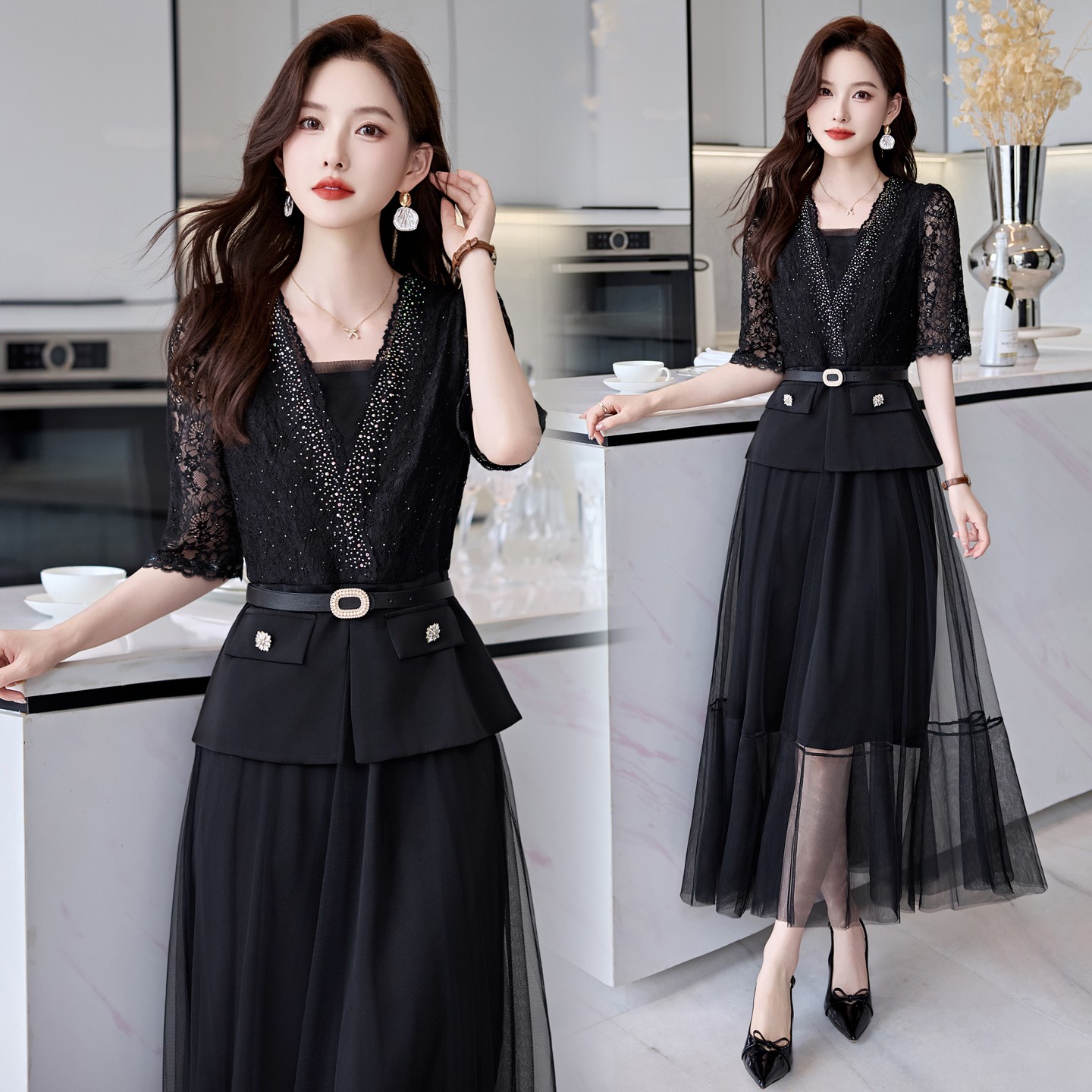 正式场合夏季新款网纱连衣裙五分袖修身显瘦气质长裙收腰裙子2552