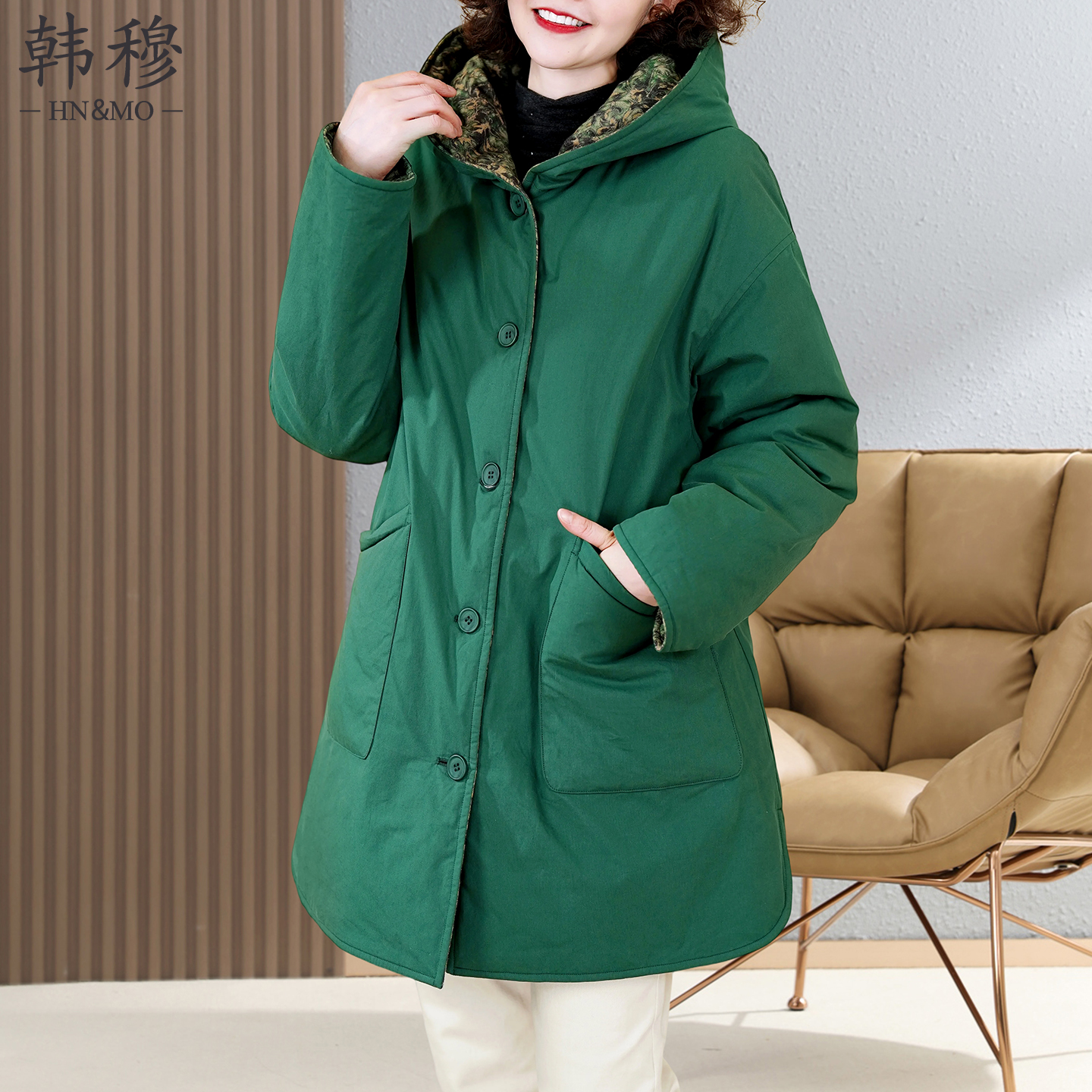 韩穆冬季夹棉休闲百搭双面穿棉服2025新款加厚中长款连帽松外套女