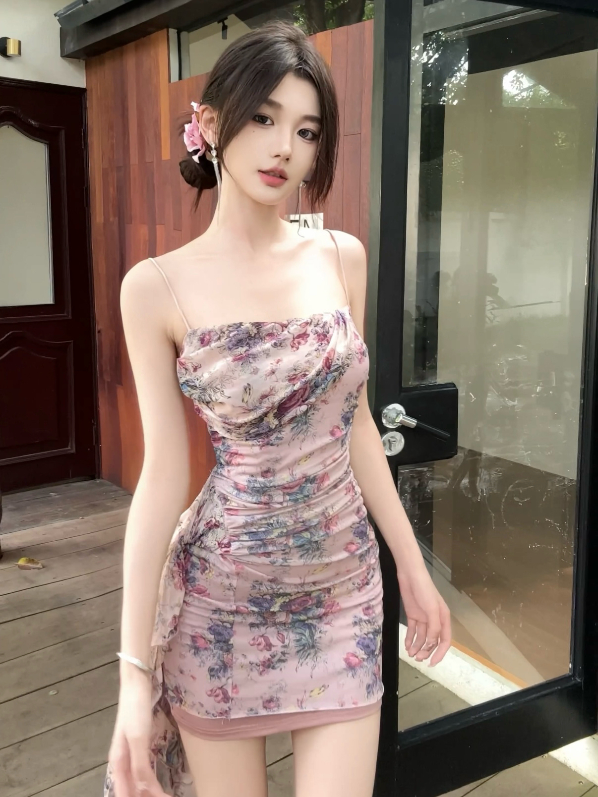 现货【春日部】粉色碎花一衣两穿不规则吊带连衣裙0915