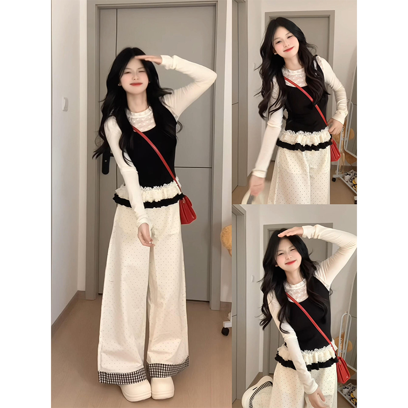 parkyeon设计感假两件拼接T恤上衣女秋季高腰显瘦波点休闲裤套装