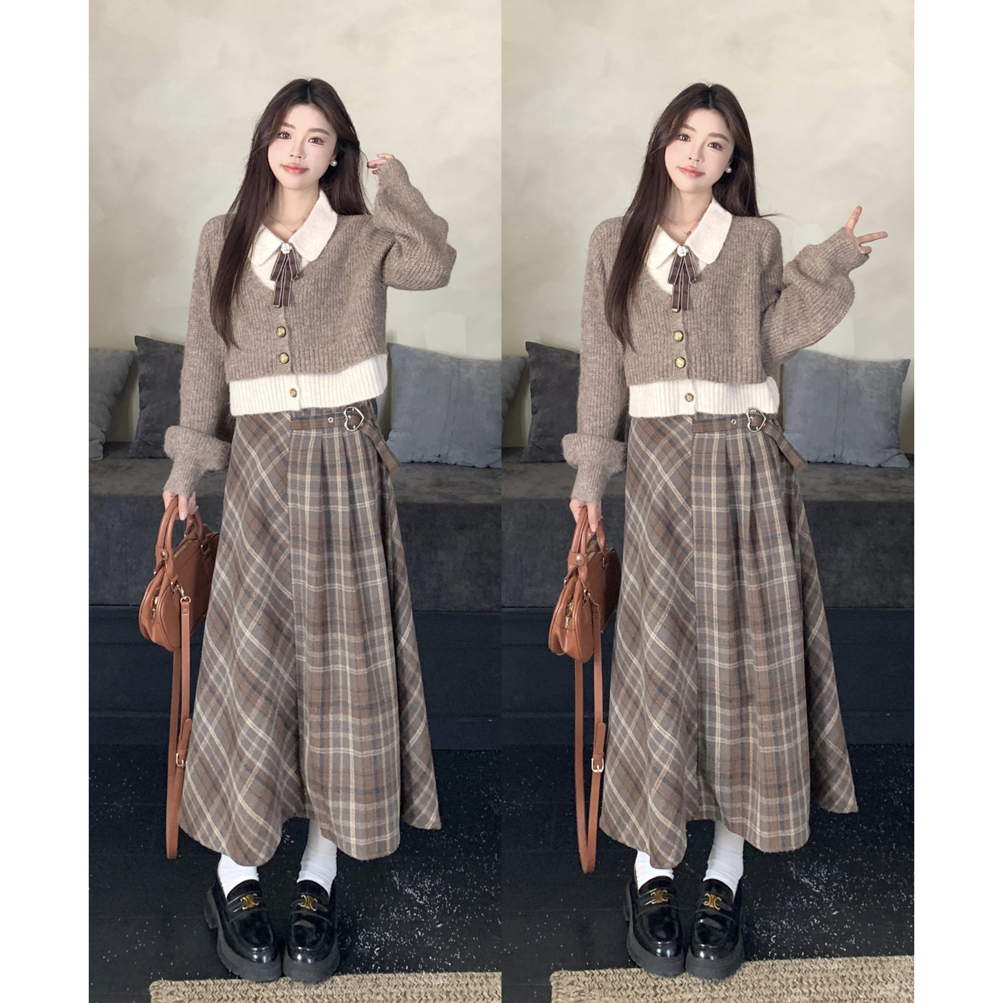 MO88ZSPF美拉德风学院Polo领针织毛衣+温柔格纹百搭半裙