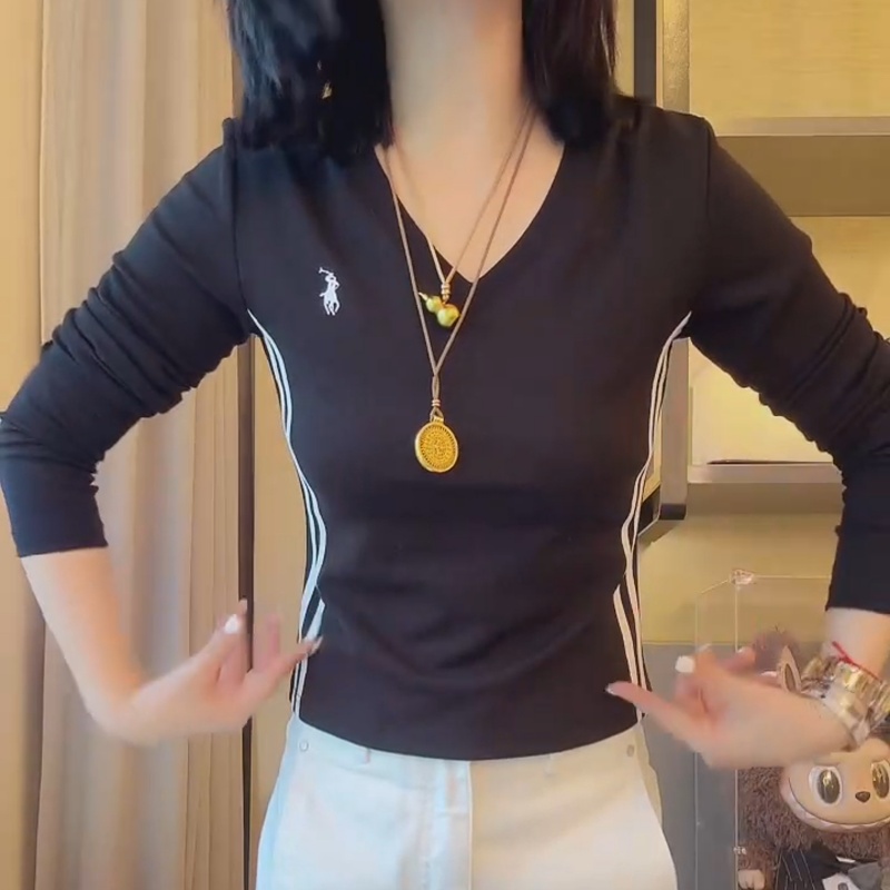 2025早秋新款韩系百搭刺绣V领长袖上衣女修身内搭打底衫LK2506445