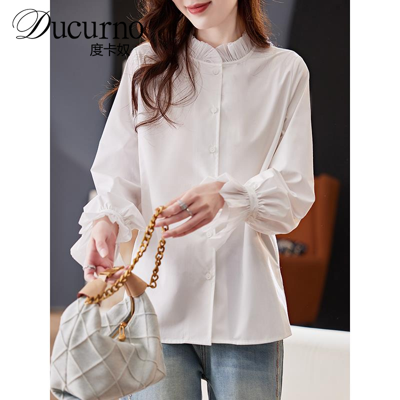 度卡奴木耳边宽松长袖白衬衫女2025秋季韩版简约百搭通勤棉质衬衣