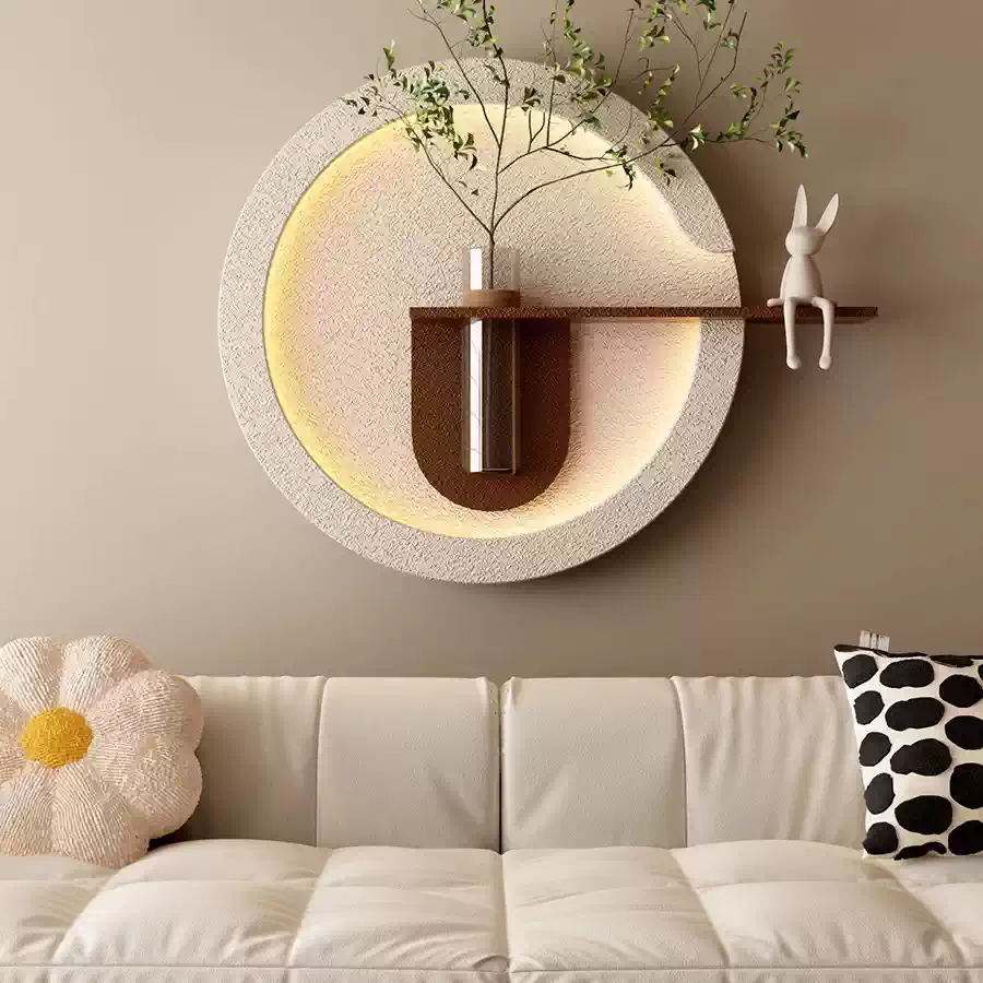 餐厅砂岩圆形灯画水培绿植装饰画立体玄关可插花客厅玄关发光画