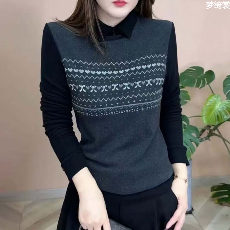 时尚妈妈洋气加厚保暖翻领打底衫女秋冬双面德绒长袖t恤内小衫