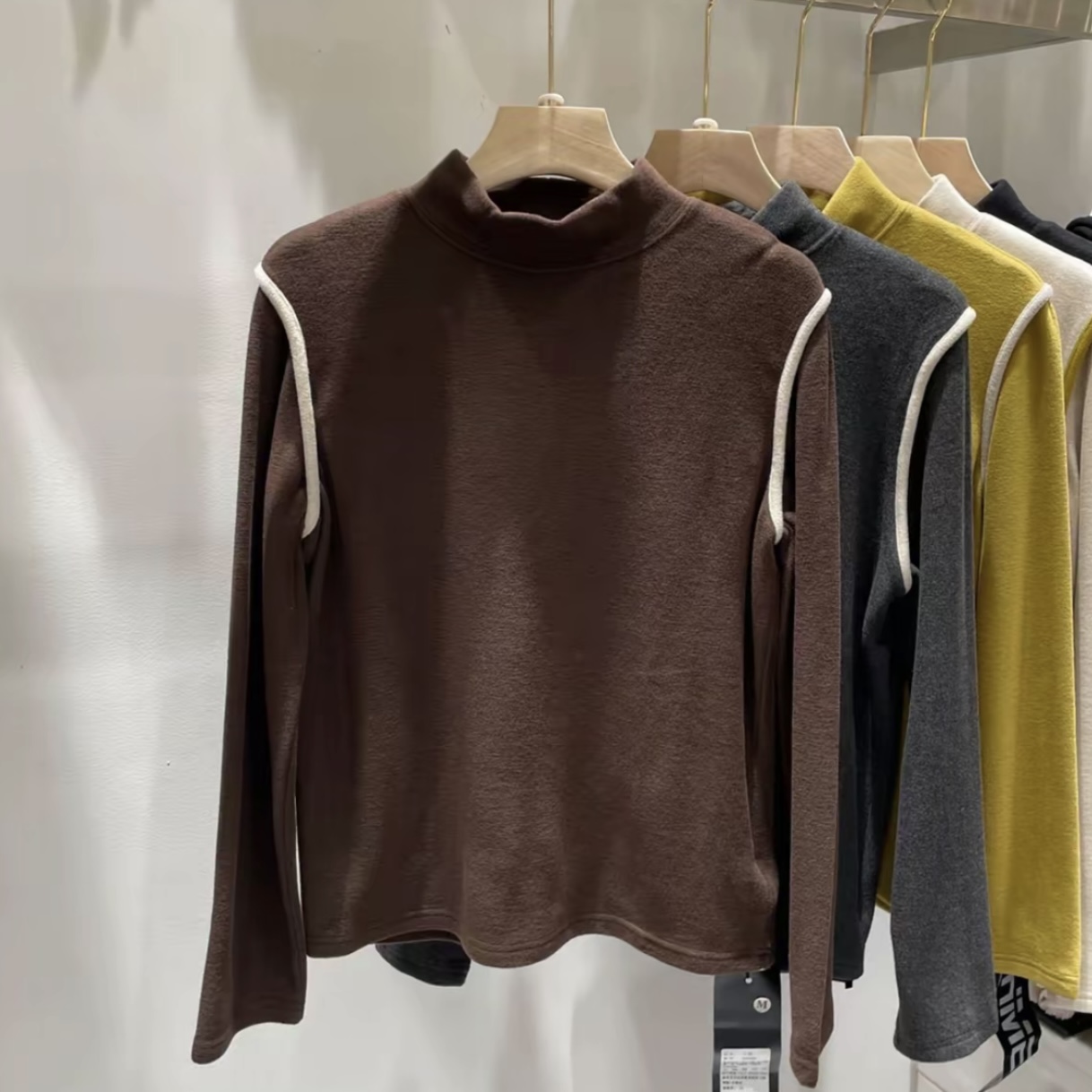 半高领双面德绒长袖T恤秋冬新款小个子高级感拼接内搭打底衫上衣