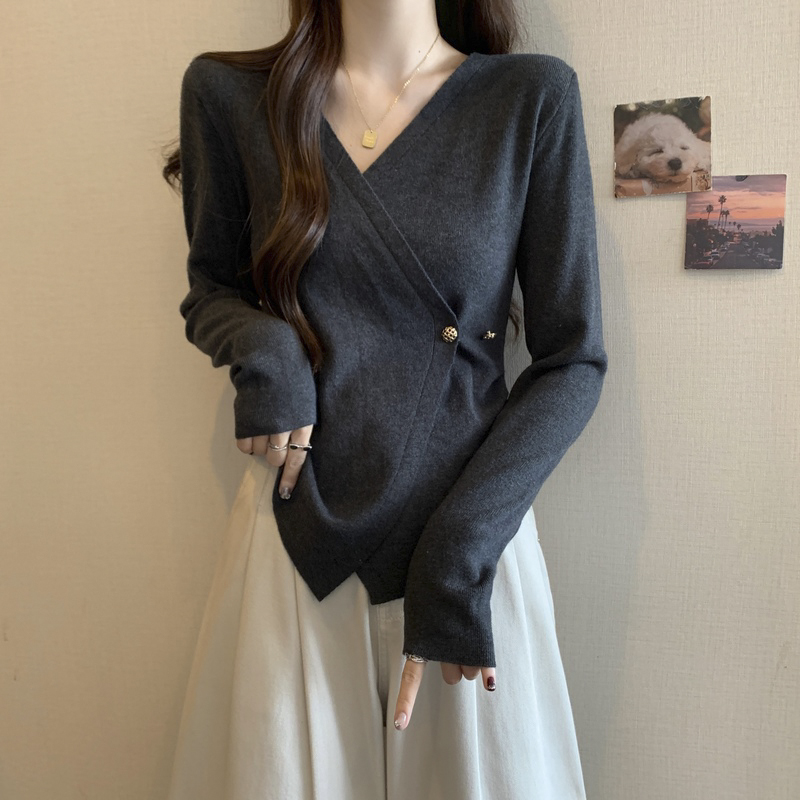 大码法式长袖针织衫女秋冬胖mm遮肉显瘦内搭打底衫不规则收腰上衣