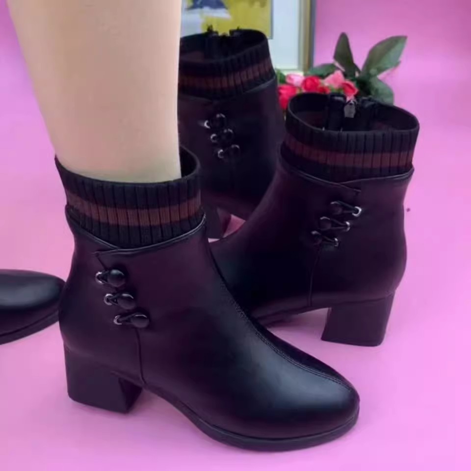 真皮棉靴女秋冬新款加绒保暖粗跟短筒圆头加厚皮靴中年妈妈高跟鞋