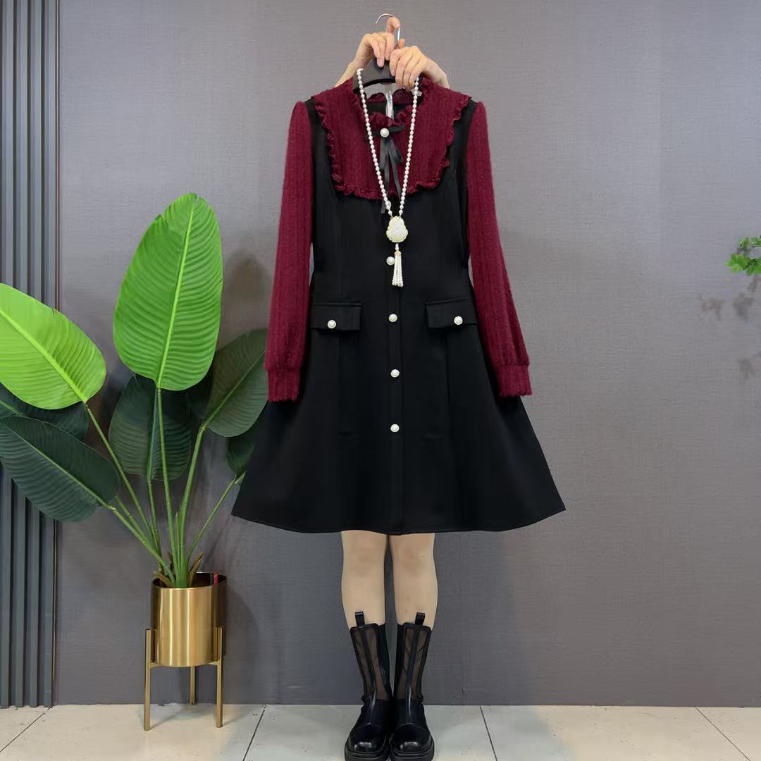 欧货荷叶领植绒长袖拼色假两件蝴蝶结连衣裙胖妹妹韩版淑女连衣裙