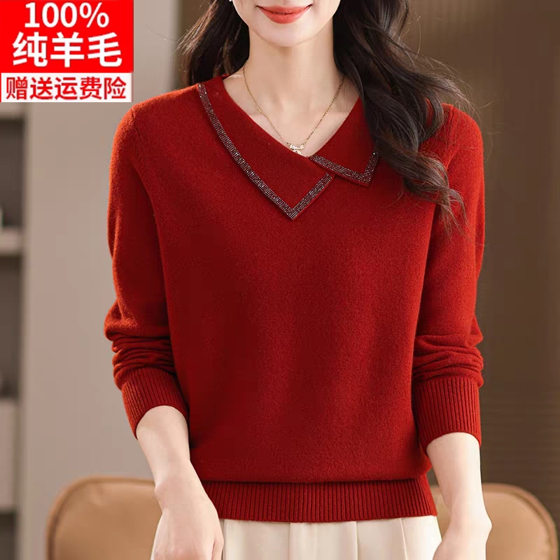秋冬新款中老年妈妈装羊毛衫女翻领宽松大码打底毛衣针织衫上衣厚