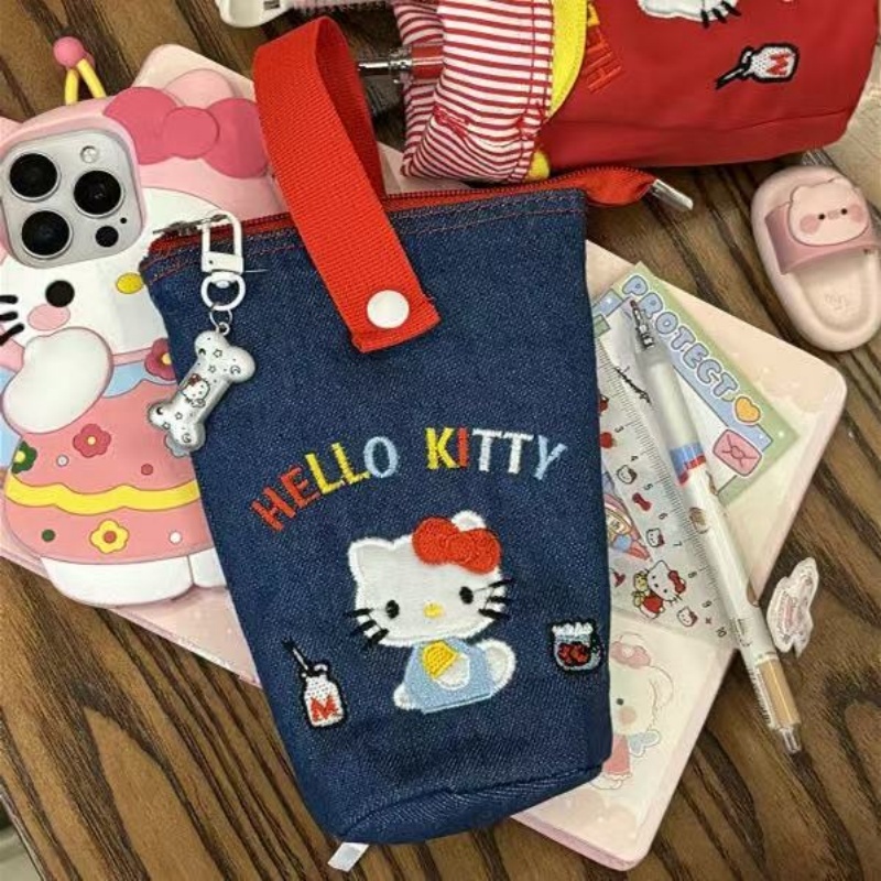 可爱生仔Hellokitty刺绣水桶折看笔袋大容量初高中女学生文具收纳