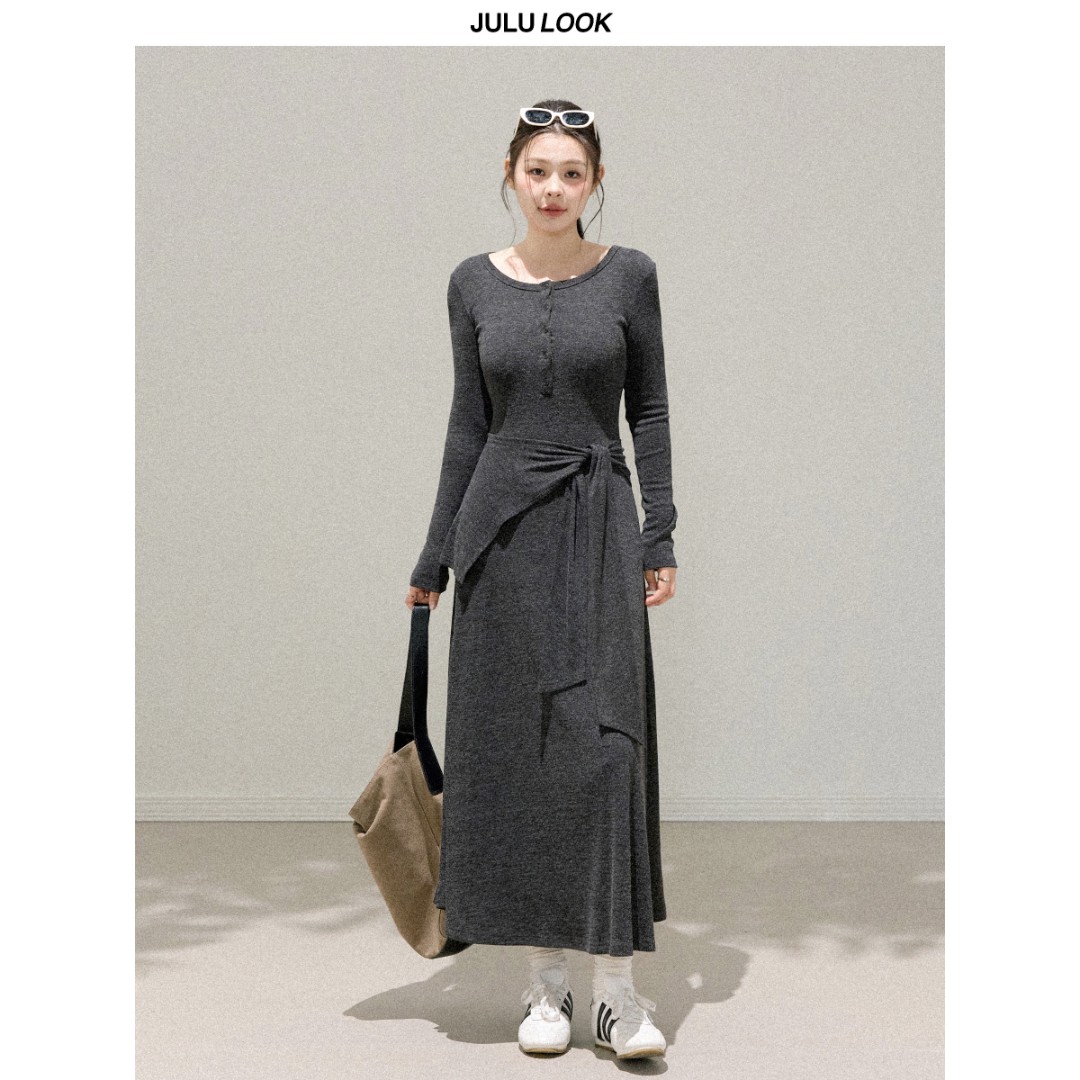 巨鹿工作室“系带秩序”微胖mm设计感绑带收腰显瘦长裙大码连衣裙