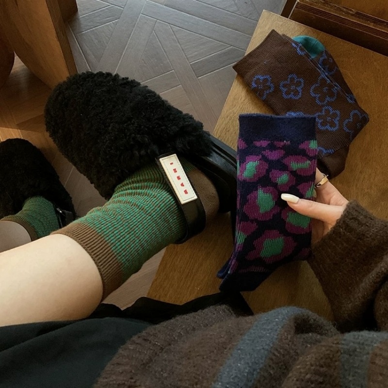 复古文千鸟格袜子女几何条纹中筒袜美拉德双针双路小众设计堆堆袜