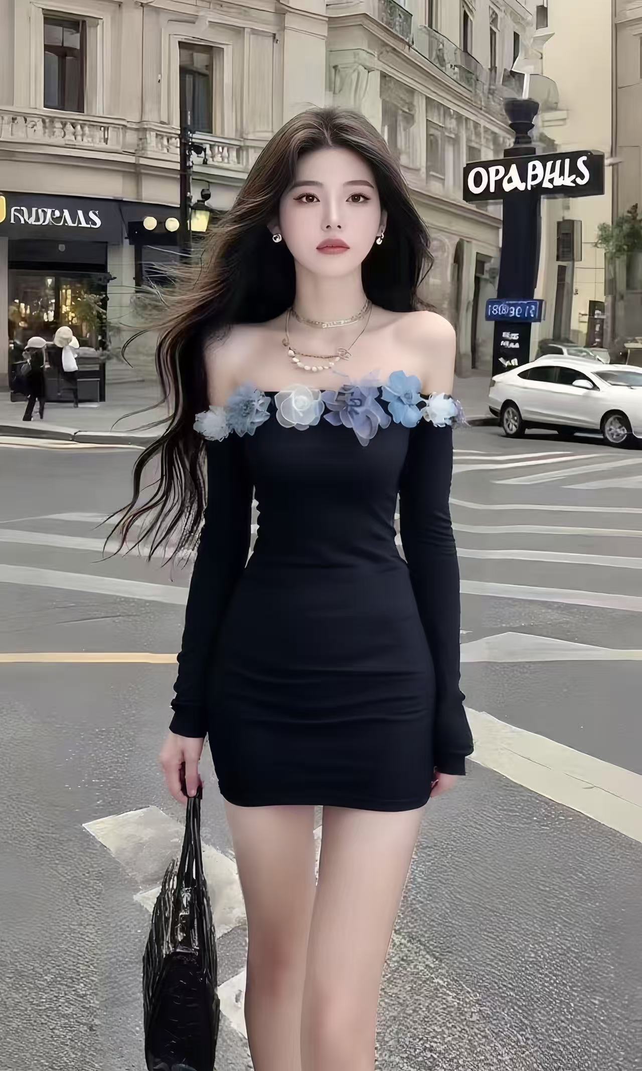 纯欲辣妹风氛围感时尚黑色一字肩露肩修身长袖收腰包臀连衣裙女