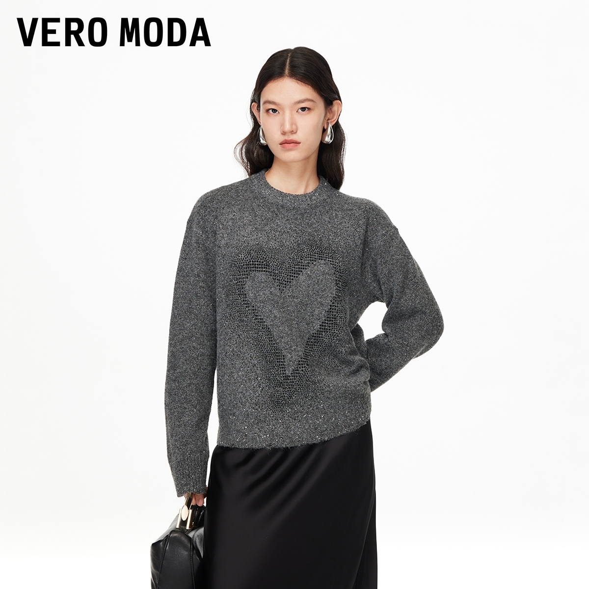 Vero Moda毛衣2025秋季新款爱心水钻图案落肩袖宽松上衣高级感女