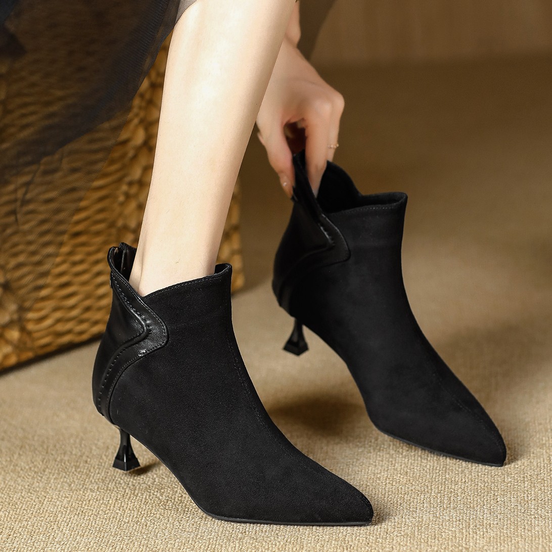 尖头时尚短靴气质百搭2025秋冬新款后拉链细跟职业女鞋高跟时装靴