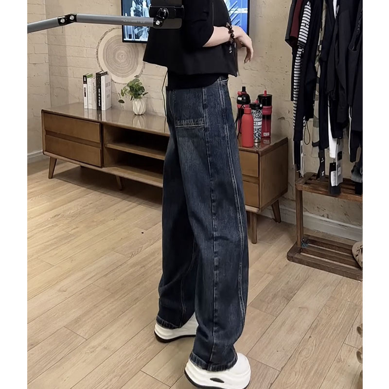 2025秋季新款时尚牛仔裤女大码显瘦窄版直筒拖地裤遮肉减龄阔腿裤