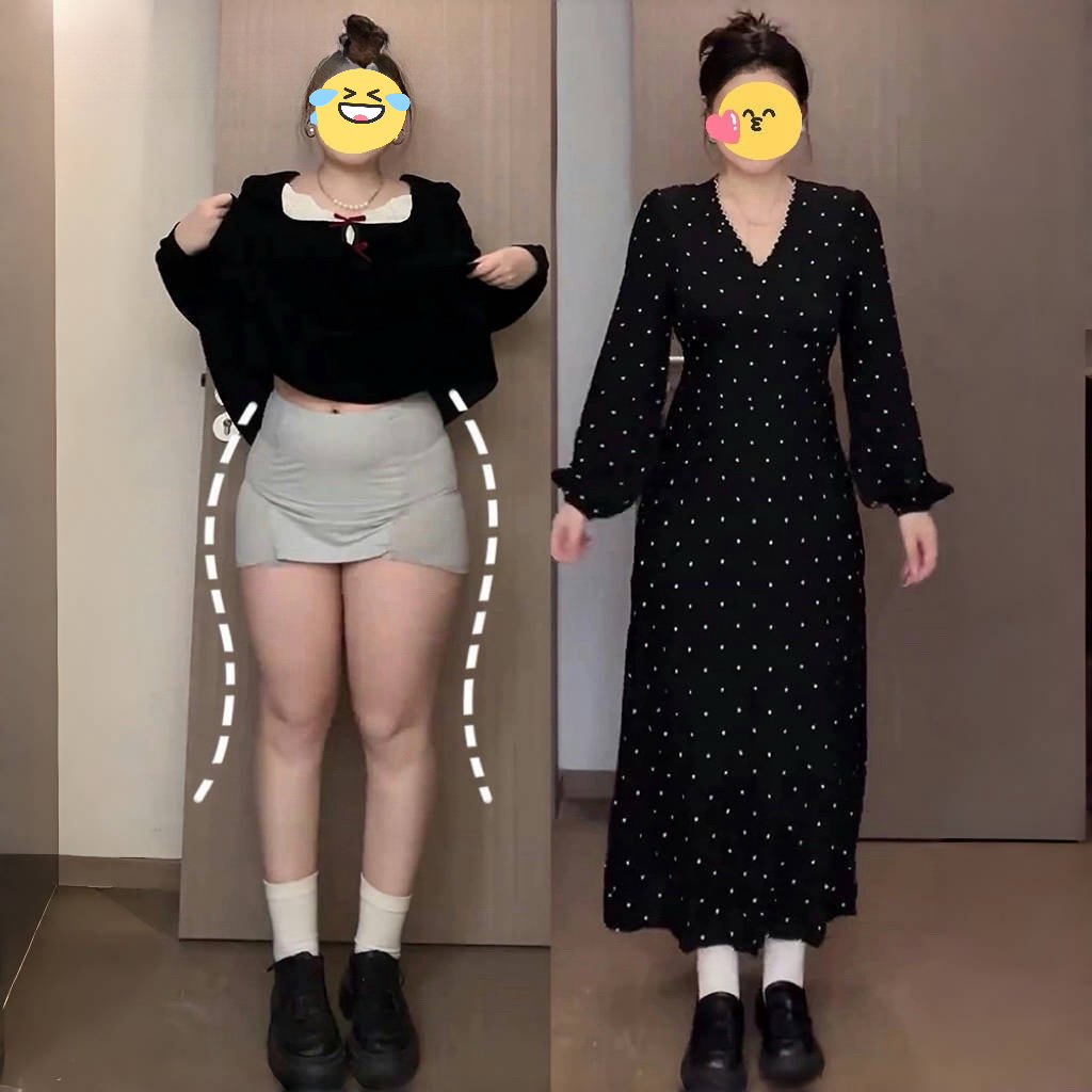 大码法式黑色波点连衣裙女秋款胖MM梨型身材收腰显瘦气质V领裙子