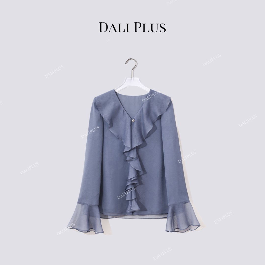 DALI PLUS“杨柳皱防晒衬衫”V领荷叶边长袖衬衫-D5ST1349