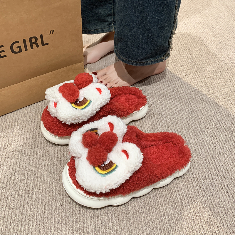 醒狮棉拖鞋网红时尚居家防滑毛绒保暖冬季毛拖情侣少女厚底包头